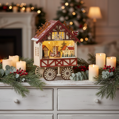 Wooden Cart And market Scene Light Up Christmas Decoration