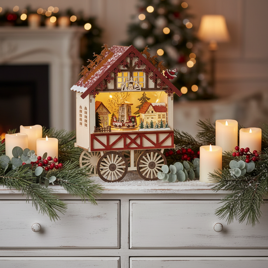 Wooden Cart And market Scene Light Up Christmas Decoration