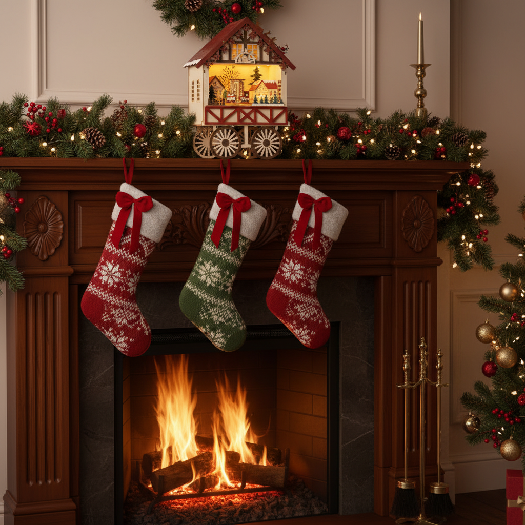 Decorative Christmas stockings hanging by a fireplace with a lit mantel.