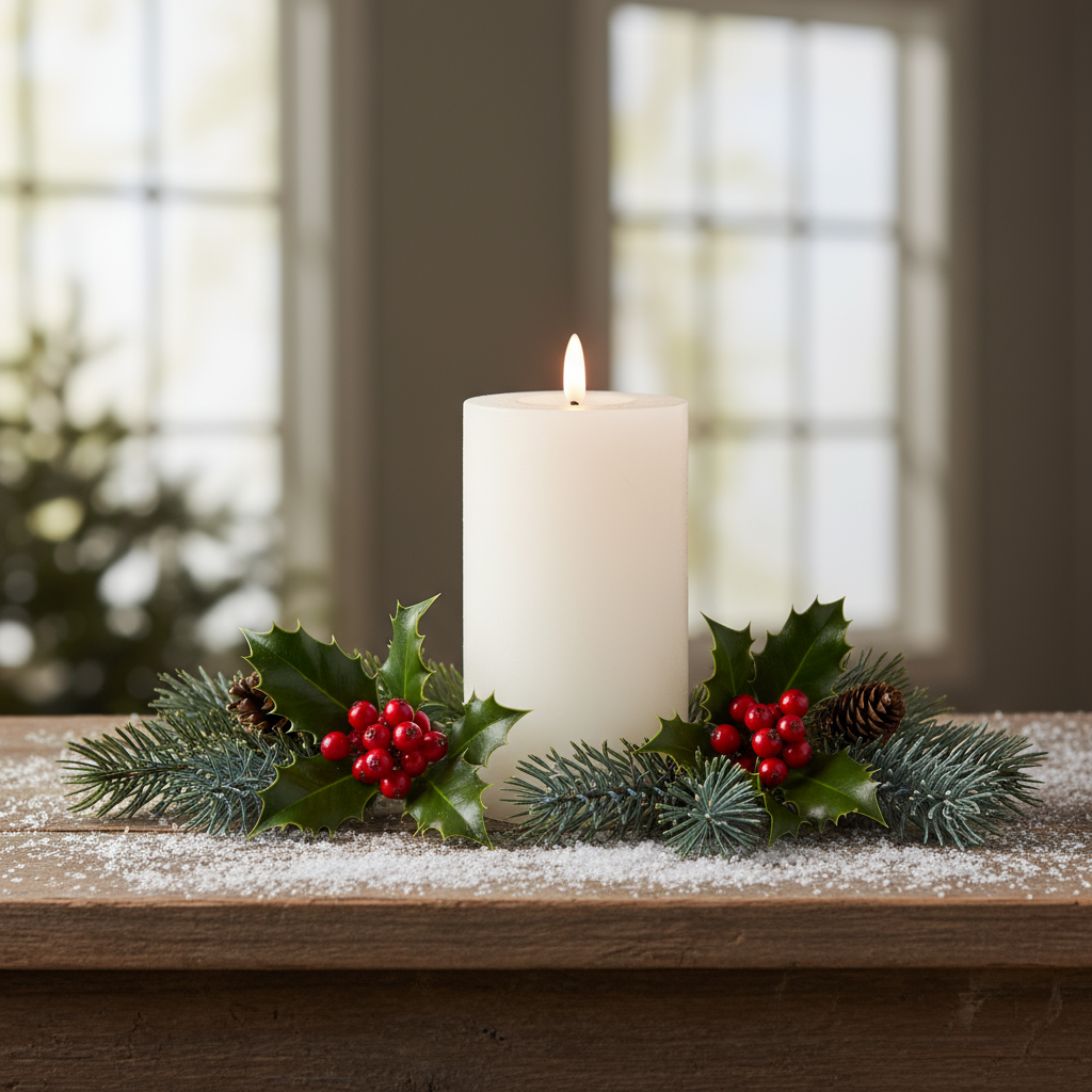 White candle with a flame on a dark gray background