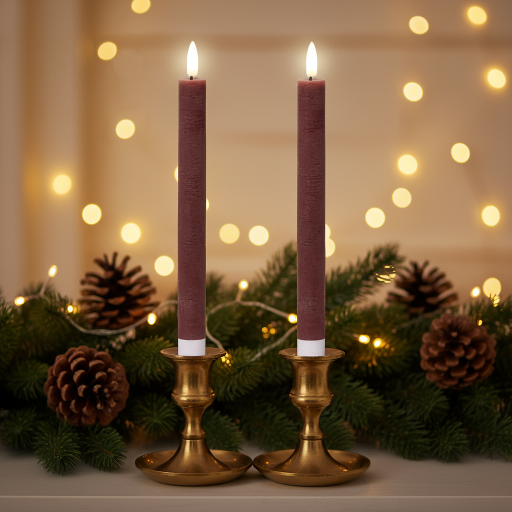 Set of 2 Oxblood Flat Top LED Wax Dinner Candle