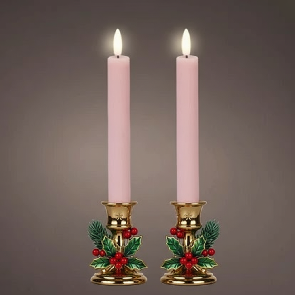 Two pink candles in gold candle holders with holly design on a gray background