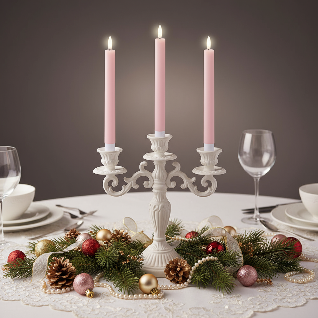 Decorative table setting with a white candelabra holding pink candles, surrounded by Christmas ornaments and greenery.