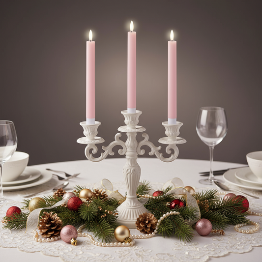 Decorative table setting with a white candelabra holding pink candles, surrounded by Christmas ornaments and greenery.