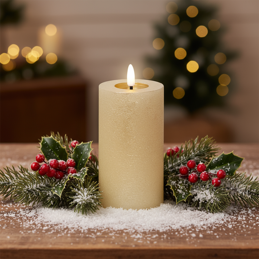 Decorative candle with holly and snow on a wooden surface, Christmas tree in the background
