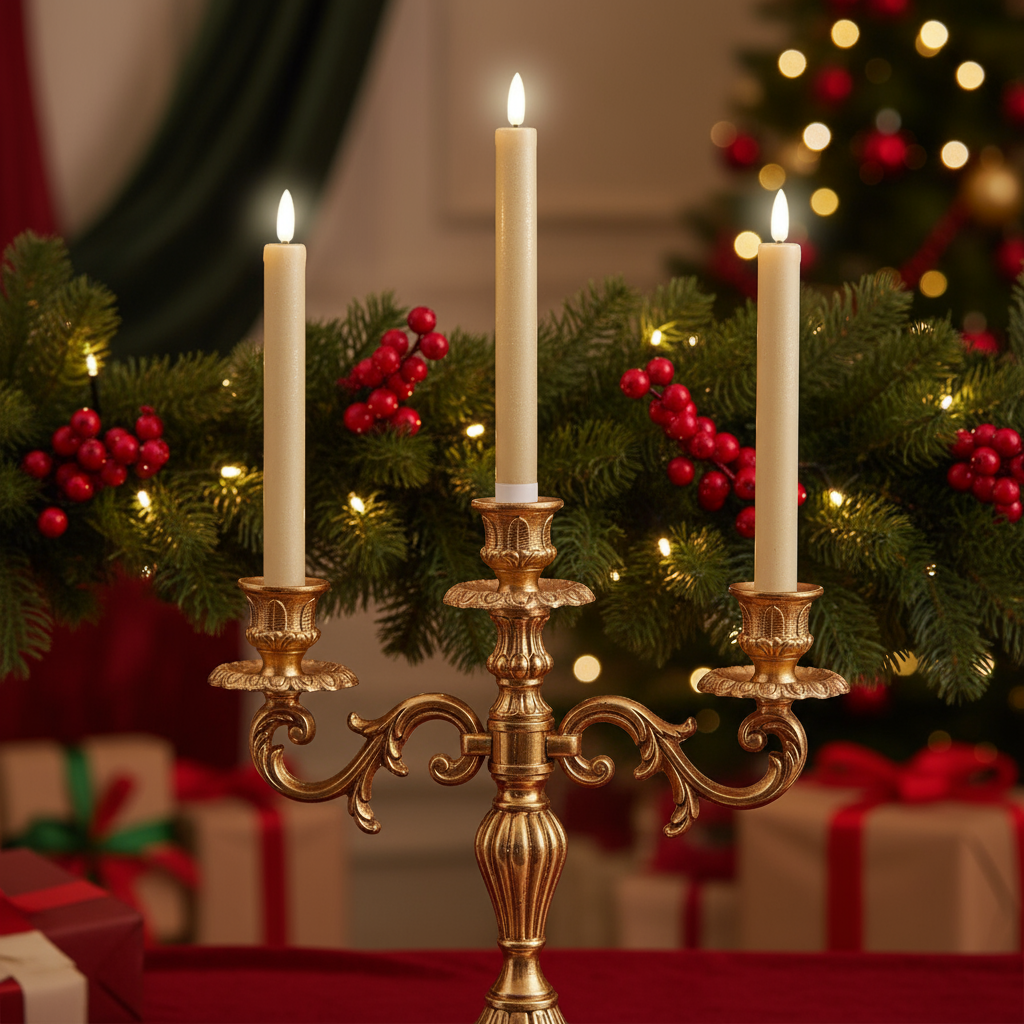A pair of gold flat top LED wax dinner candles with a warm white glow, set against a grey background.