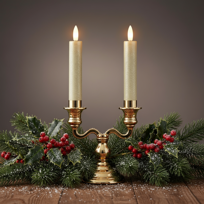 Set of 2 Gold LED Wick Flat Top Wax Dinner Candle 14.5cm