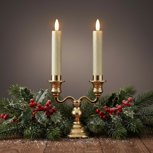 Set of 2 Gold LED Wick Flat Top Wax Dinner Candle 14.5cm