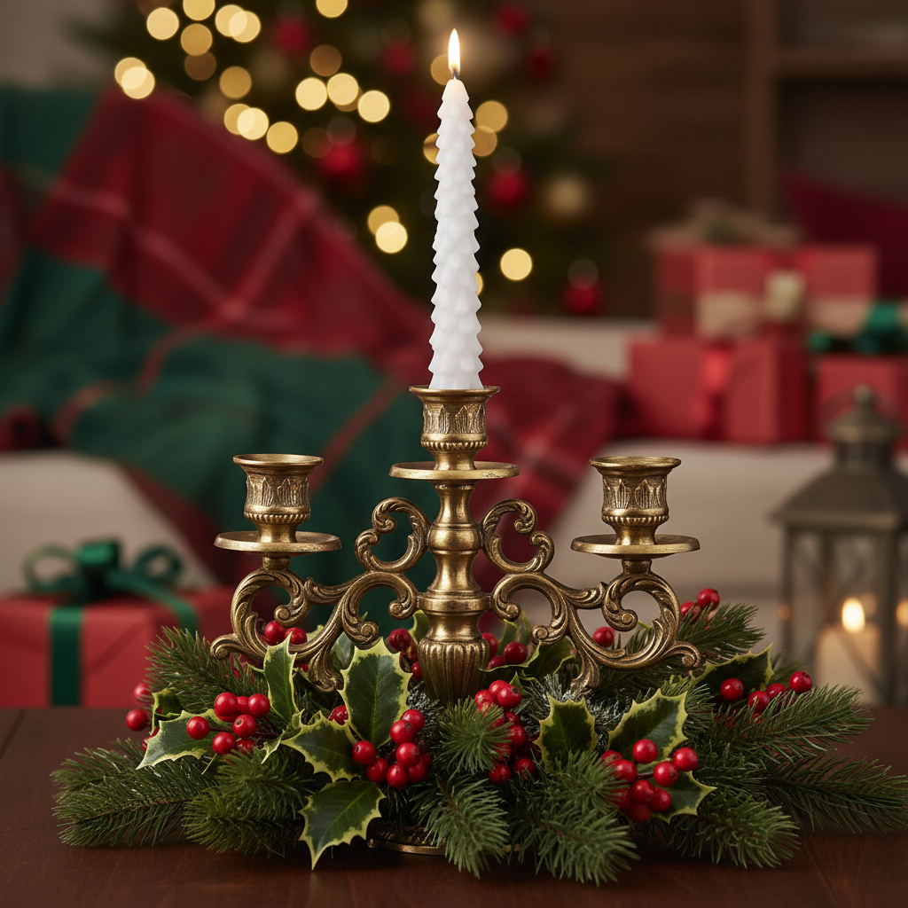 A white Christmas tree design wax candle with a warm white LED wick, appearing tall and slender with a glowing tip.