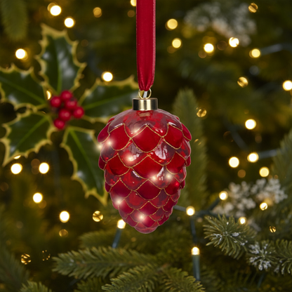Lumineo Micro LED Red Velvet Glass Pinecone Christmas Decoration