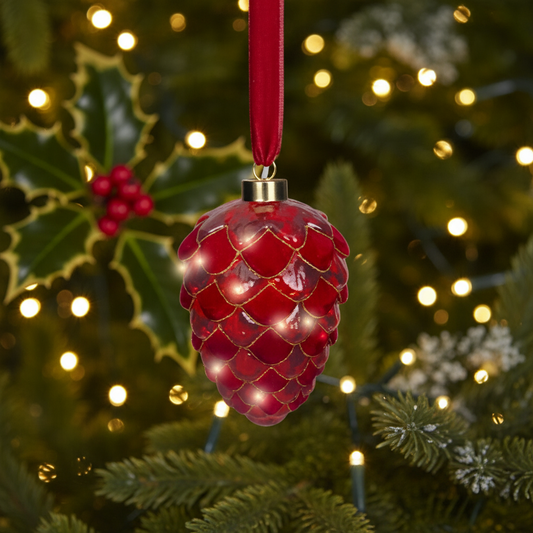 Lumineo Micro LED Red Velvet Glass Pinecone Christmas Decoration