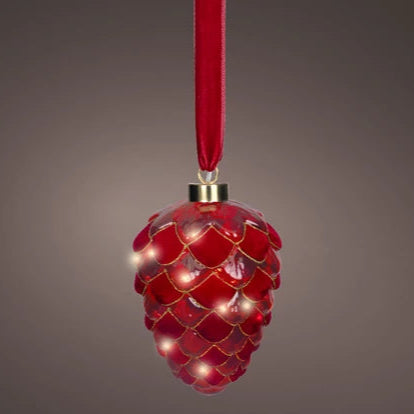 Lumineo Micro LED Red Velvet Glass Pinecone Christmas Decoration