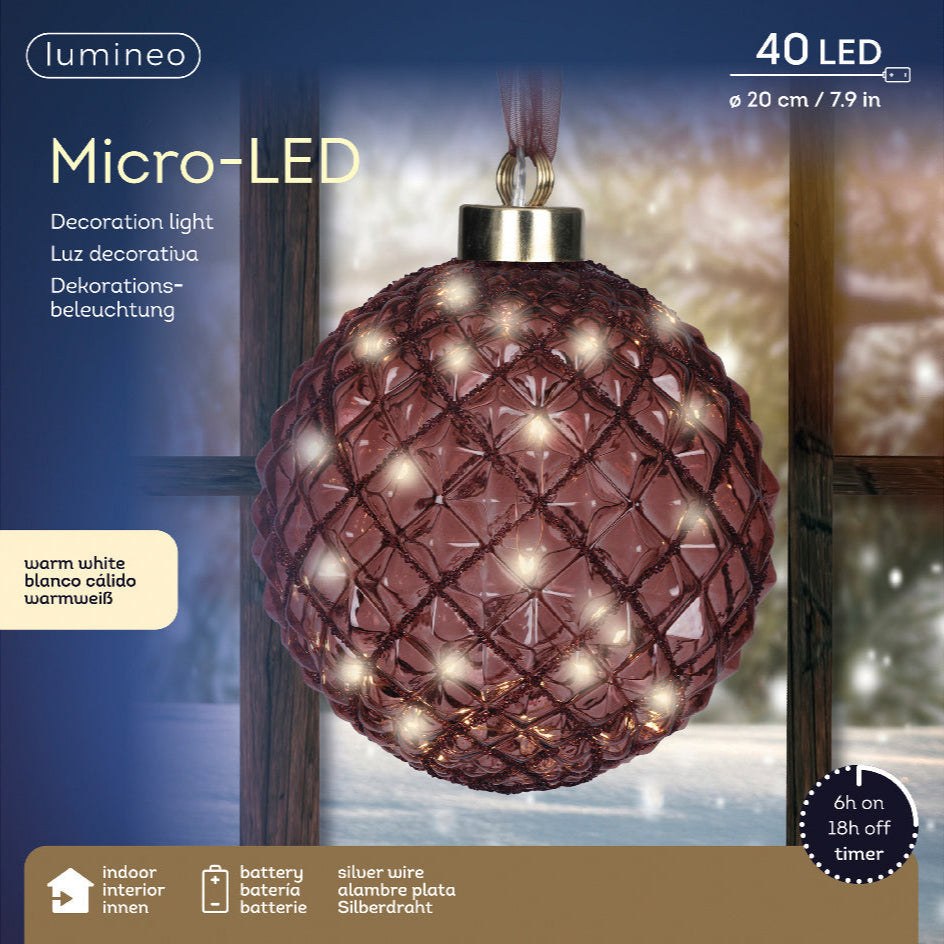 Lumineo Micro LED 20cm Maroon Glass Ball Christmas Decoration