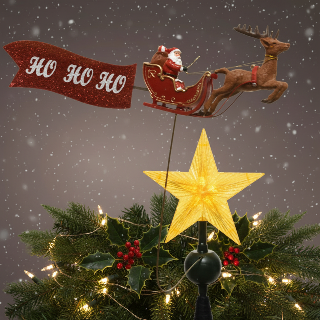 Star Christmas Tree Topper with Moving Santa and Reindeer