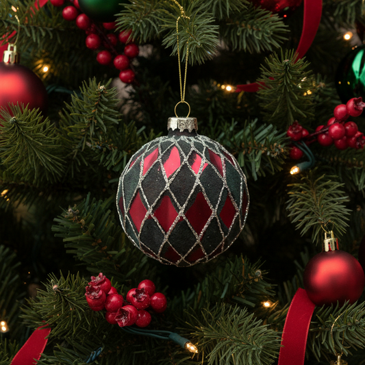 Green and Red Harlequin Glass Christmas Bauble