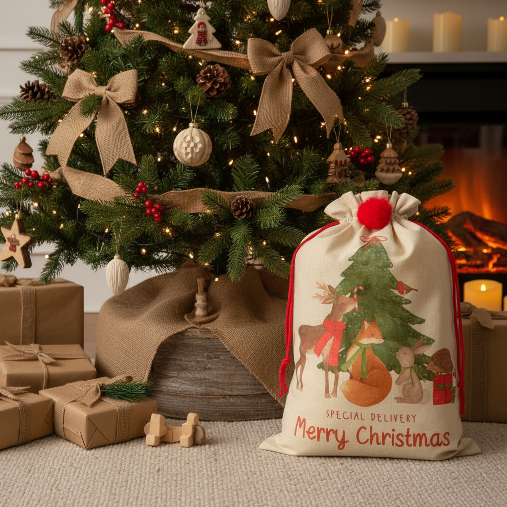 Winter Wonderland Christmas Sack with Pom Poms