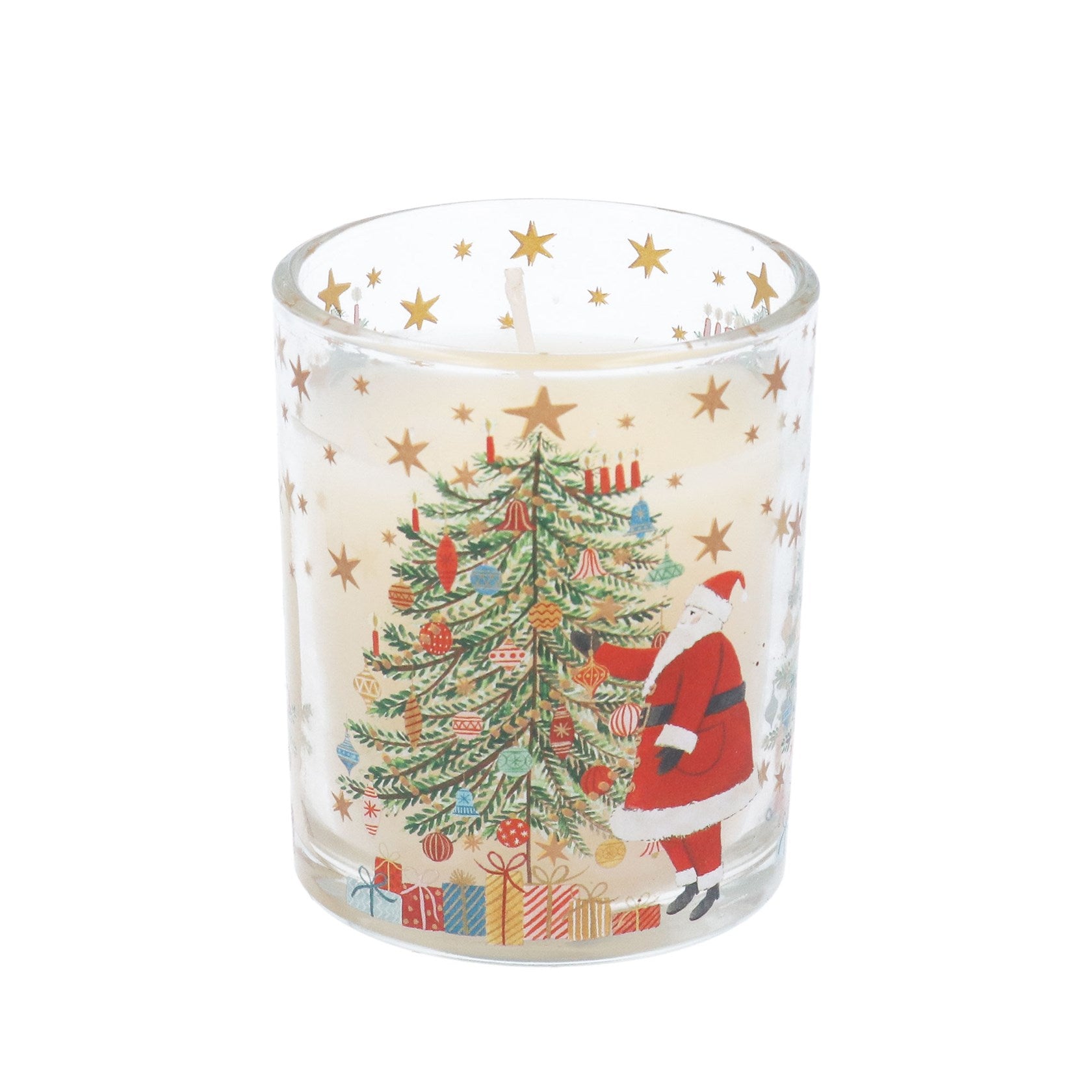 Decorative candle with Santa Claus and Christmas tree design on a white background