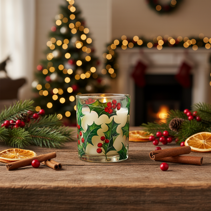 Holly Design Cinnamon Scented Christmas Candle