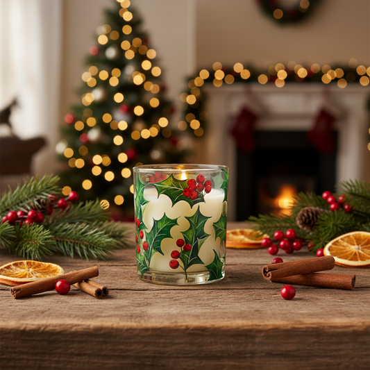 Holly Design Cinnamon Scented Christmas Candle