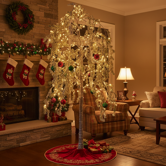 Decorated living room with Christmas tree, stockings, and fireplace.