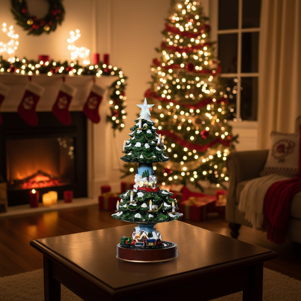A decorative Christmas tree with a train scene on top, featuring light-up candles and a star on top, set on a base that appears to be revolving.