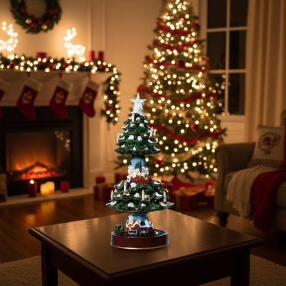 A decorative Christmas tree with a train scene on top, featuring light-up candles and a star on top, set on a base that appears to be revolving.