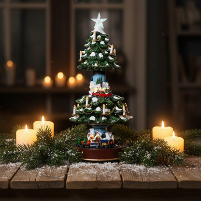 A decorative Christmas tree with a train scene on top, featuring light-up candles and a star on top, set on a base that appears to be revolving.