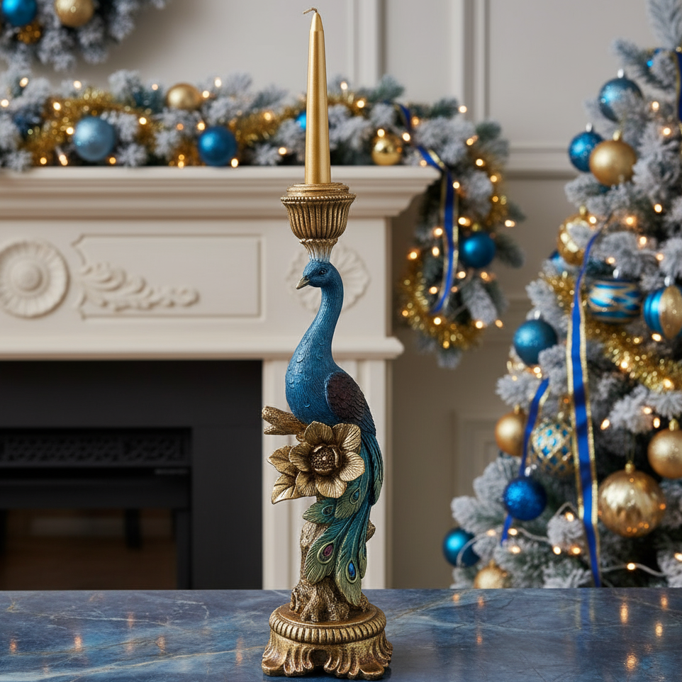 Peacock Christmas Candlestick Holder