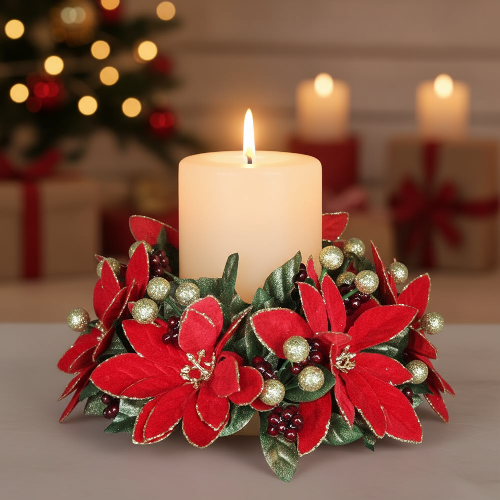 Red Poinsettia and Berry Christmas Candle Ring 13cm