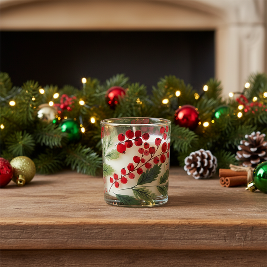 Decorative glass with red berries on a wooden surface with Christmas decorations in the background.
