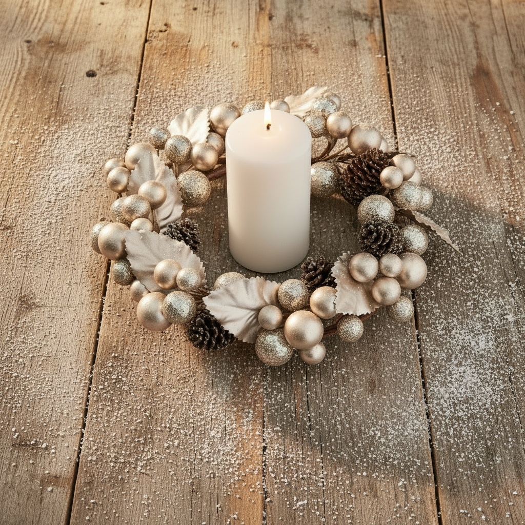 Pale Gold Berry & Pinecone Christmas Candle Ring Decoration
