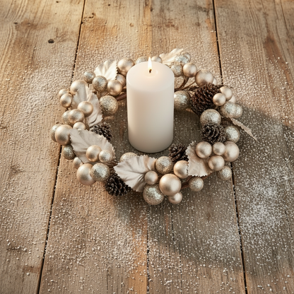 Pale Gold Berry & Pinecone Christmas Candle Ring Decoration