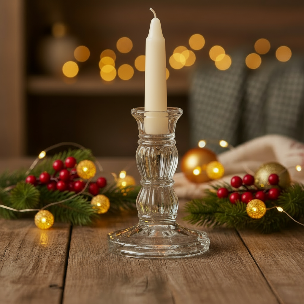 Candle in a glass holder on a wooden table with festive decorations and blurred lights in the background