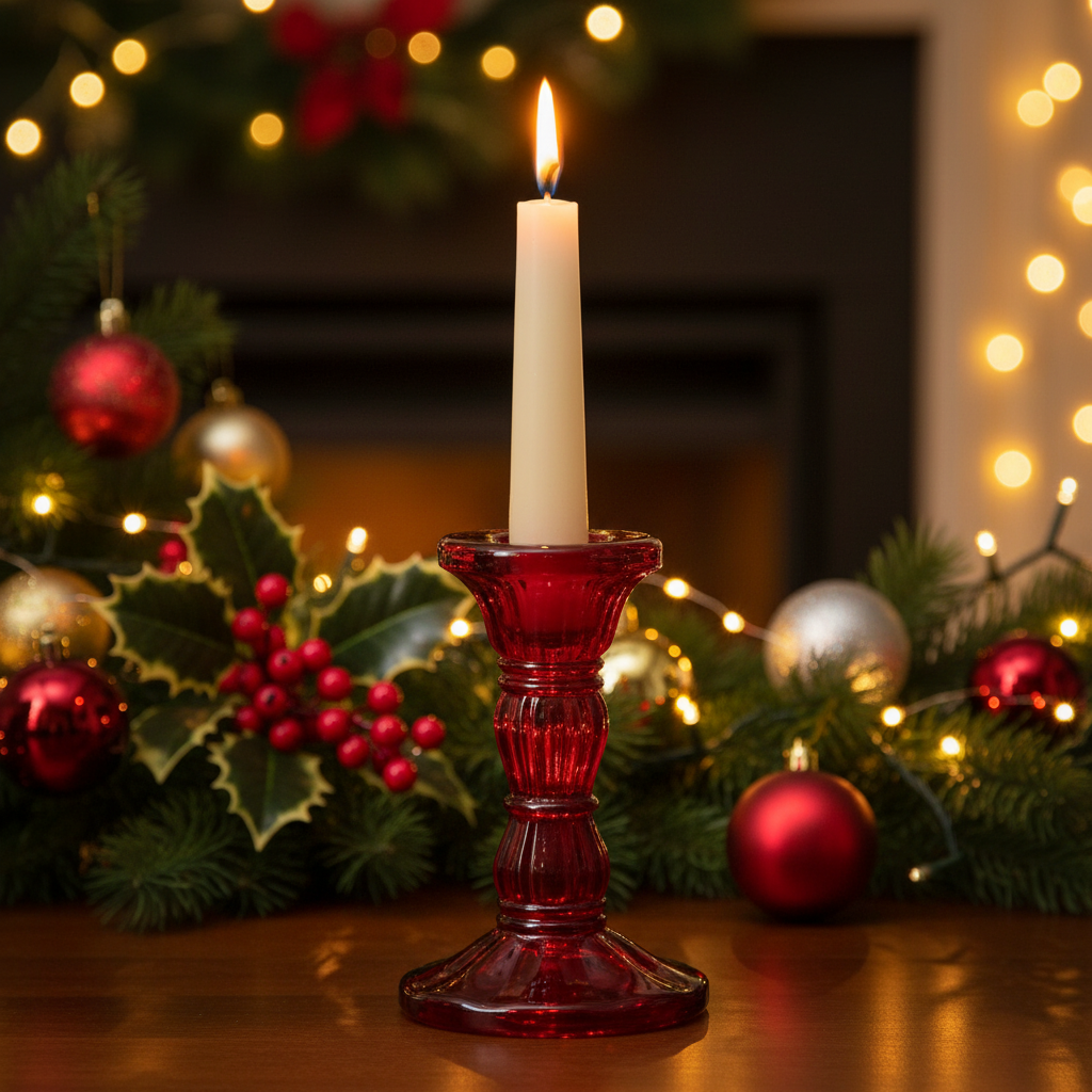 Candle in a red holder with Christmas decorations and lights in the background