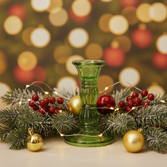 Green Glass Christmas Candlestick  10cm