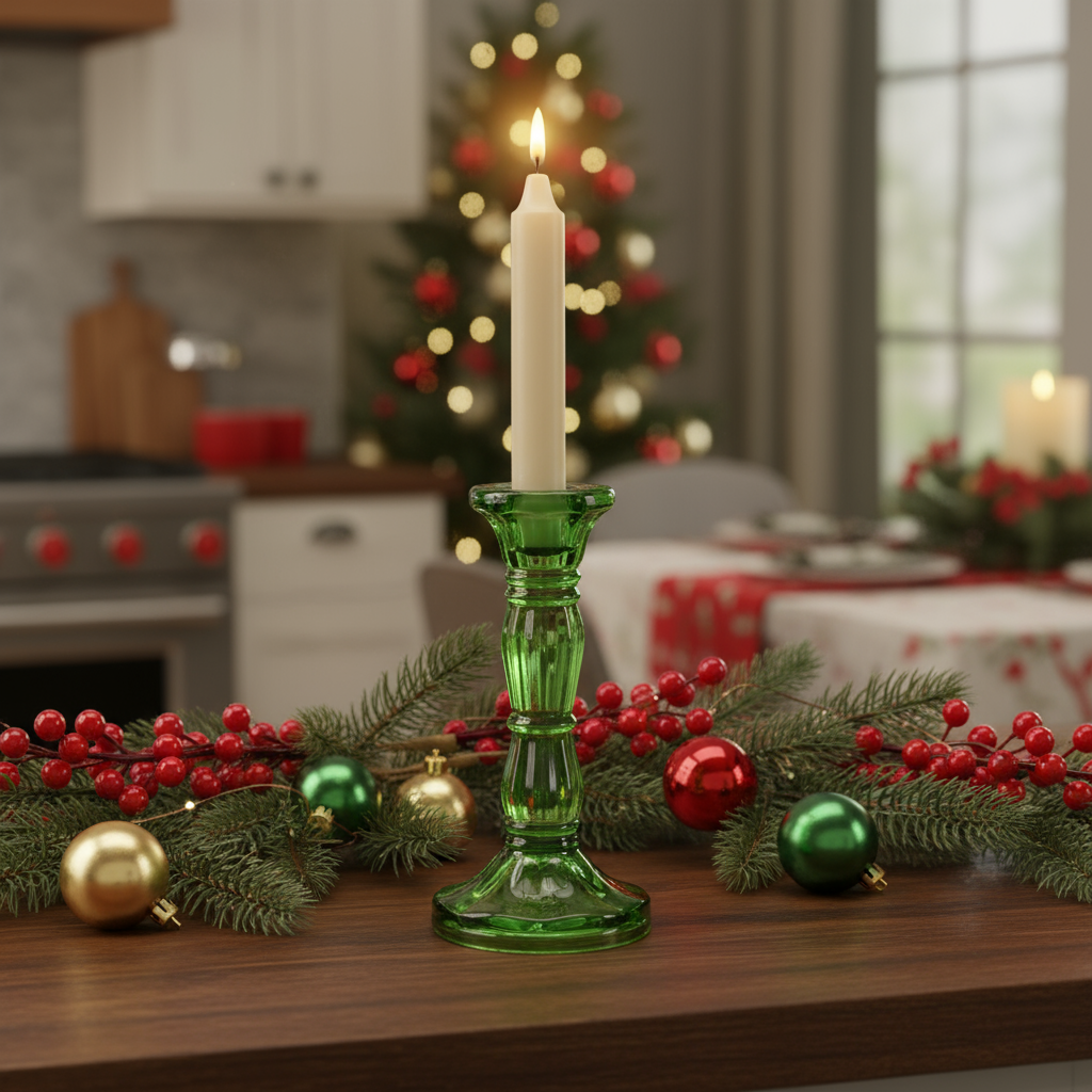 Green Glass Christmas Candlestick 16cm
