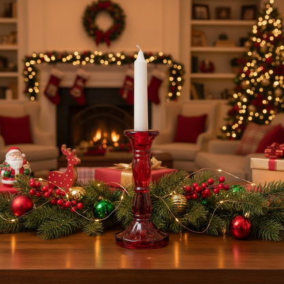 Red Glass Christmas Candlestick 16cm