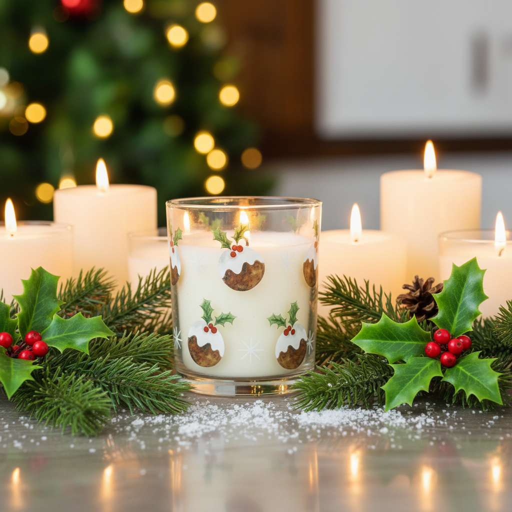 Decorative candles with holly leaves and pine branches on a festive background