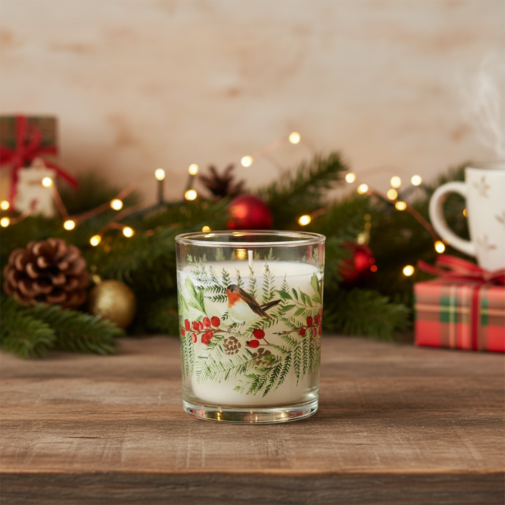 Decorative candle in a glass holder with Christmas design on a wooden table with festive background.
