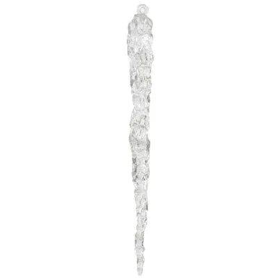 A transparent plastic decoration designed to resemble a frozen icicle, with a detailed and textured surface, measuring 18.5cm in height.