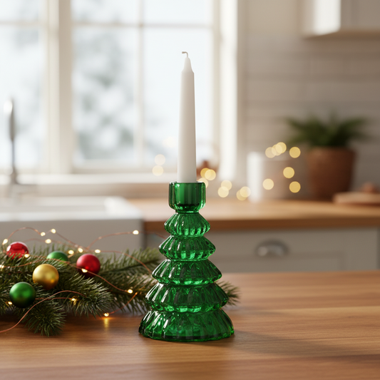 Green glass candle holder with a white candle on a wooden table, Christmas decorations in the background.