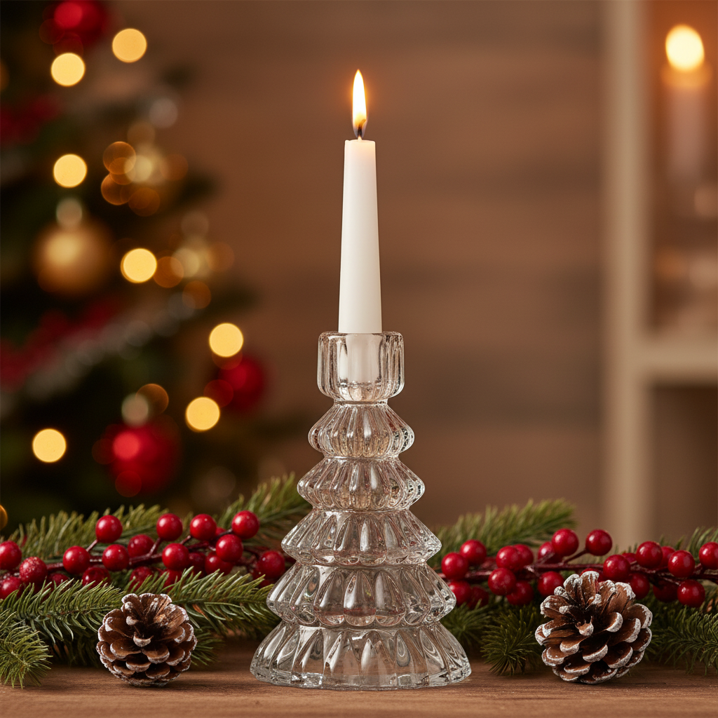 Clear glass candle holder with a lit candle on a table decorated with Christmas elements.