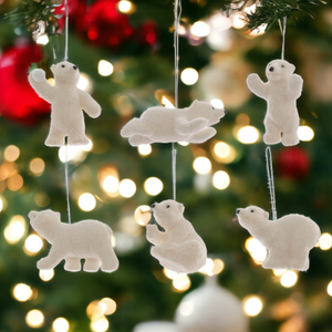 6 White Polar Bear Christmas Bauble Set