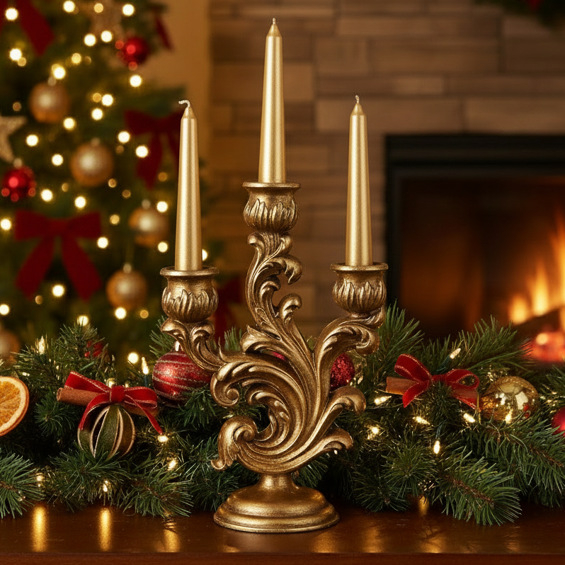 Gold Scroll Three Arm Christmas Candlestick