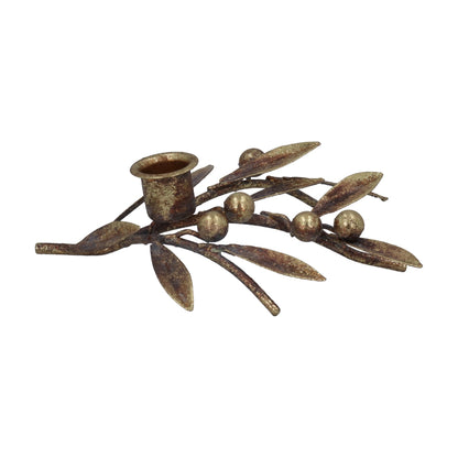 An antique gold mistletoe sprig and berries Christmas candle holder with a luxurious patina finish.