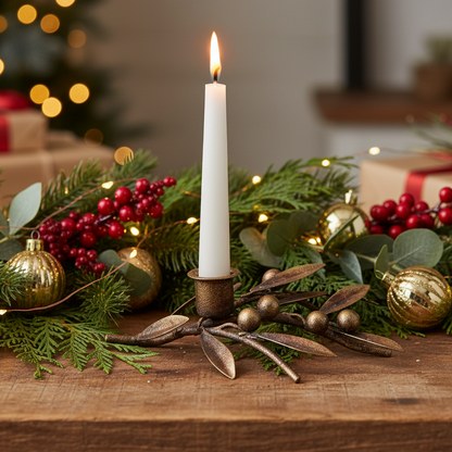 Antique Gold Mistletoe Sprig & Berries Christmas Candle Holder