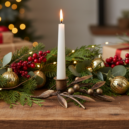 Antique Gold Mistletoe Sprig & Berries Christmas Candle Holder