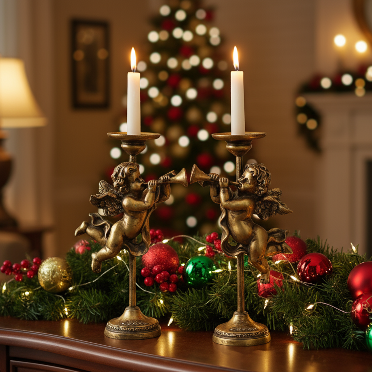 Gold Trumpeting Cherub Christmas Candlesticks