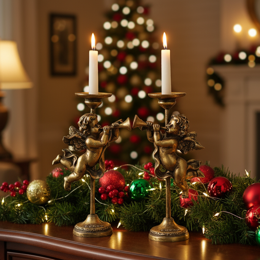 Gold Trumpeting Cherub Christmas Candlesticks
