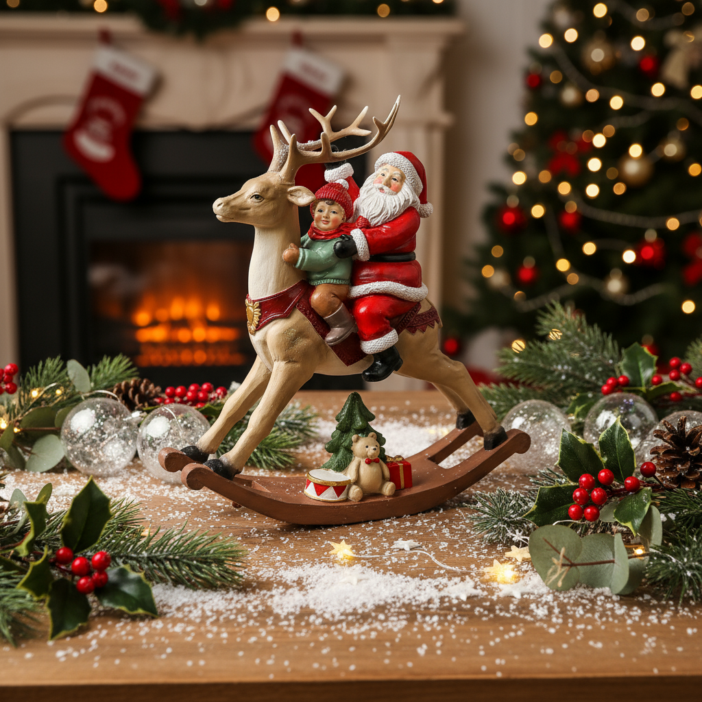 Decorative figure of Santa Claus and a child on a reindeer with Christmas decorations in the background.